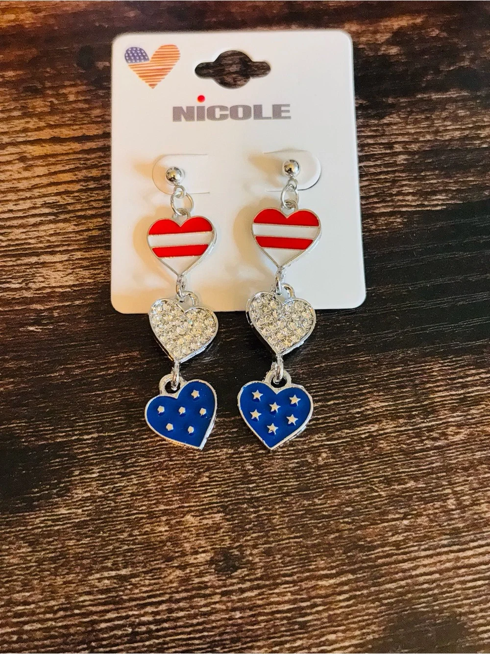 Nicole Red, White & Blue Triple Heart Drop Earrings in Silver Tone